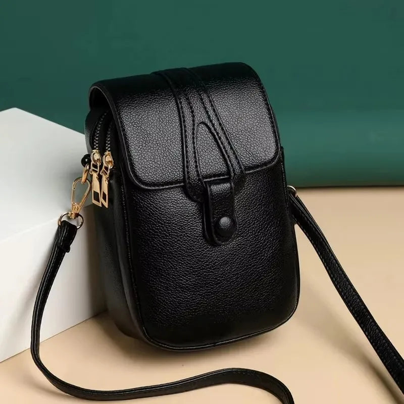 Solid Color Fashionable Rivet Zipper Women's Mobile Phone Bag Simple Soft Leather Shoulder Crossbody Small Square Bag Handbag