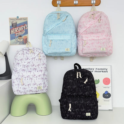 Gentle Romantic Bow Polka Dot Printed Backpack Nylon Lightweight Large Capacity Girls Campus Student