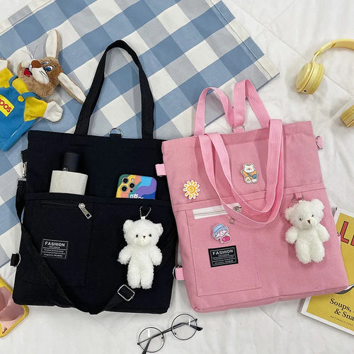 Cute Canvas Tote Bag Bear Pendant Stylish Bucket Crossbody Bag