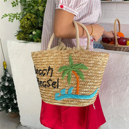 Straw Fruit Embroidery String Casual Sweet Tote Bags Spring