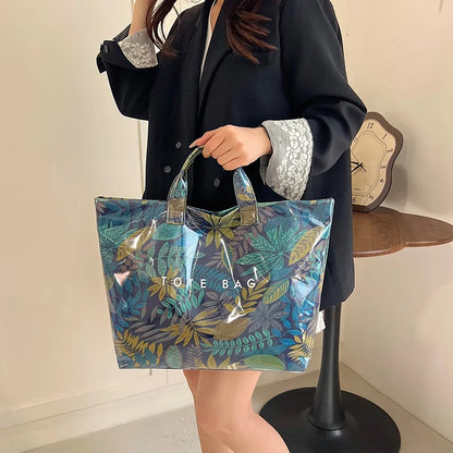Tropical Leaf Print PVC Tote Bag – Waterproof Clear Shoulder Handbag