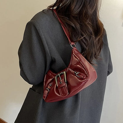 Simple Leather Shoulder Bag Big Metal Buckle Decor Side Strap Details Underarm Adjustable Wide Y2k