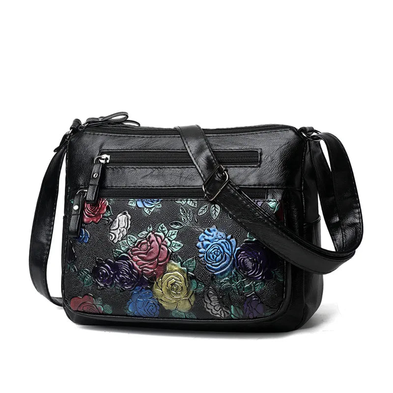Rose Floral Embossed Leather Crossbody Bag for Women
