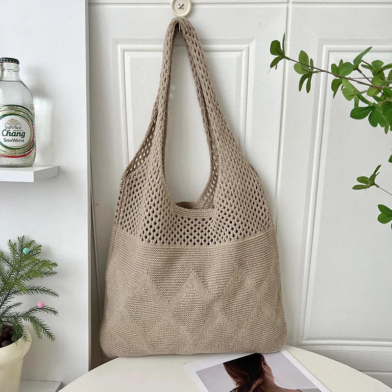 Hollow Knit Shoulder Tote Bag – Women's Large Capacity Woven Shopper