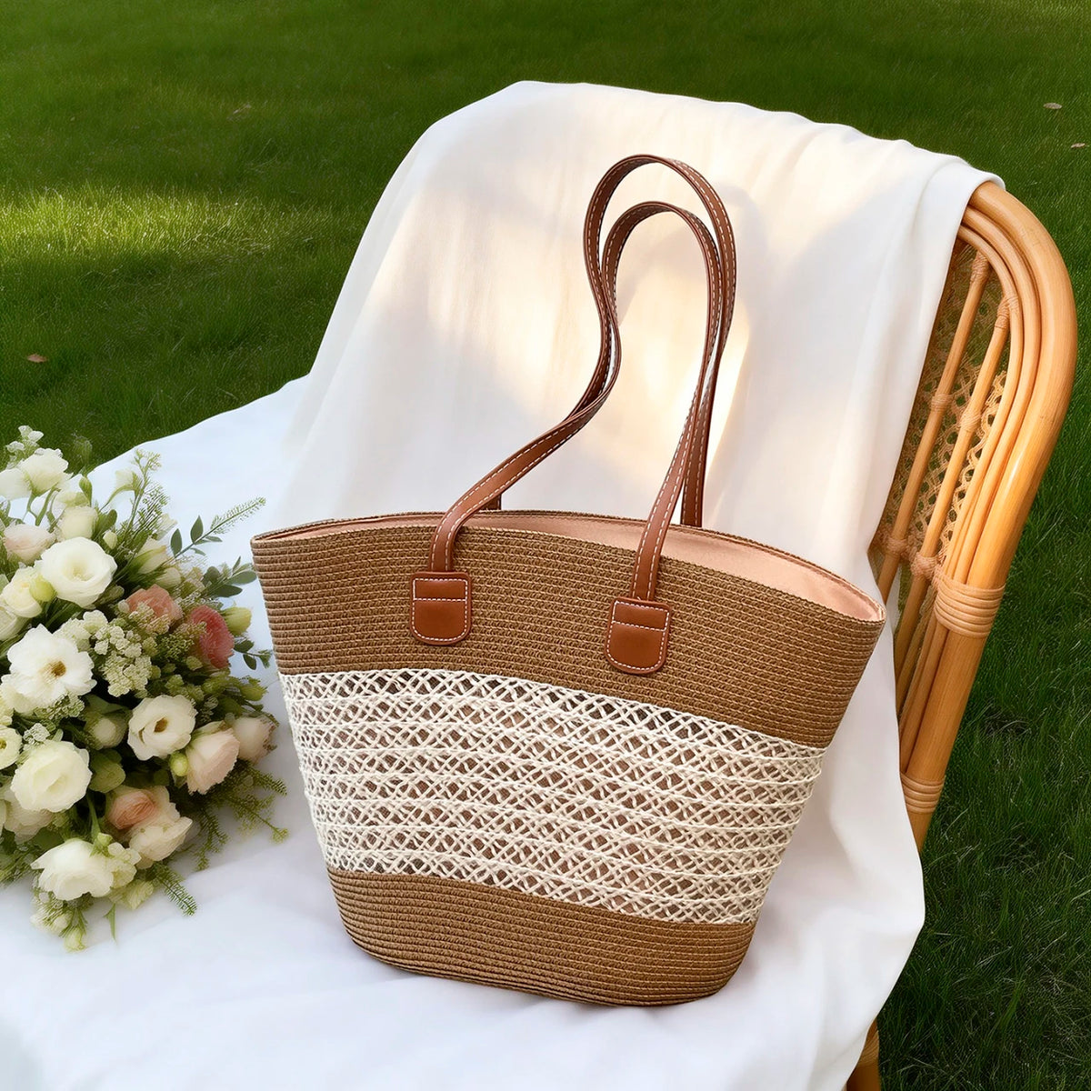 Vacation Fresh Women Shoulder Bag Stripe Woven Open Weave Tote Large Capacity Breathable Straw
