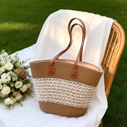 Vacation Fresh Women Shoulder Bag Stripe Woven Open Weave Tote Large Capacity Breathable Straw
