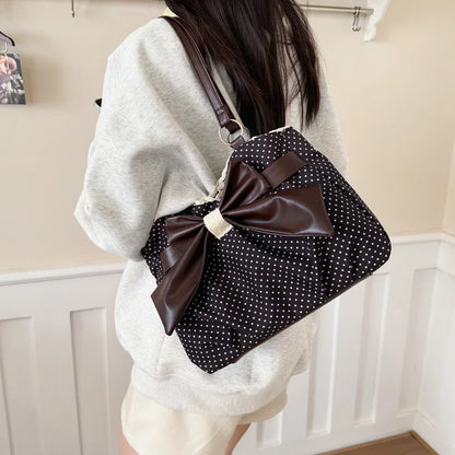 Polka Dot Tote Bag Big Leather Bow Lace Trim Large Capacity Shoulder Handbag