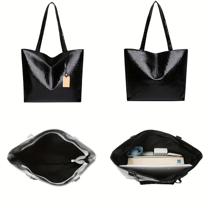Large Capacity Tote Bag for Women – Croc-Embossed Shoulder Bag with Zipper