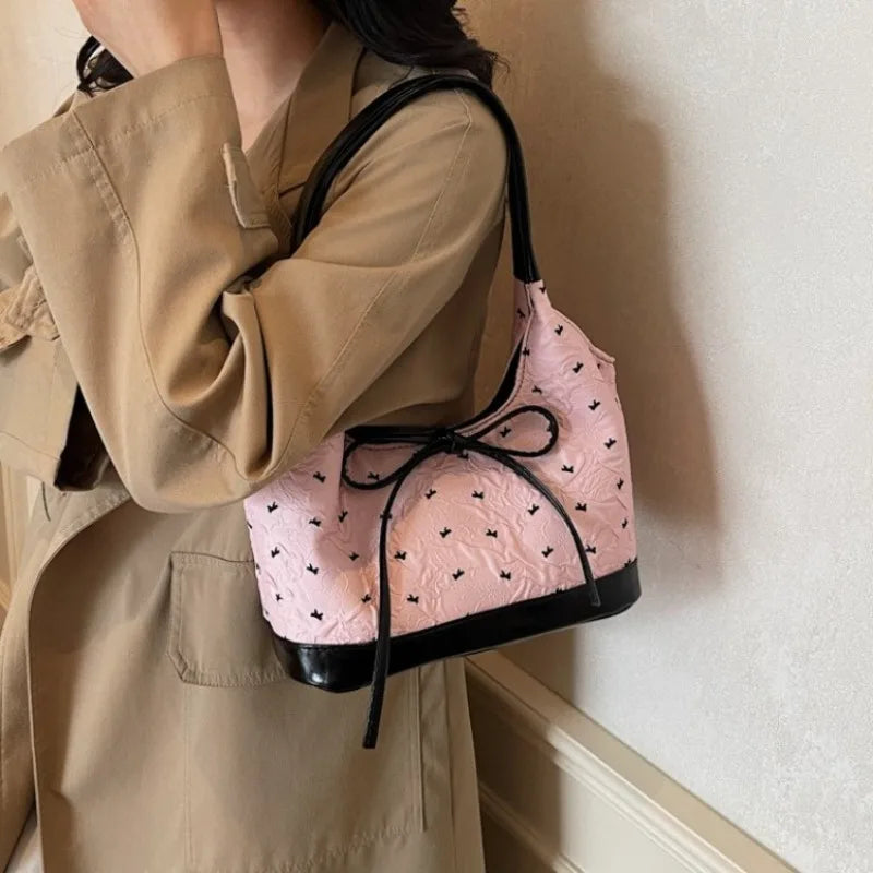 Cute Pink Bow Tote Bag Contrast Handbag Shoulder Large Capacity Soft Fabric Daily Shopping Casual