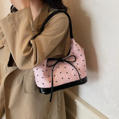 Cute Pink Bow Tote Bag Contrast Handbag Shoulder Large Capacity Soft Fabric Daily Shopping Casual
