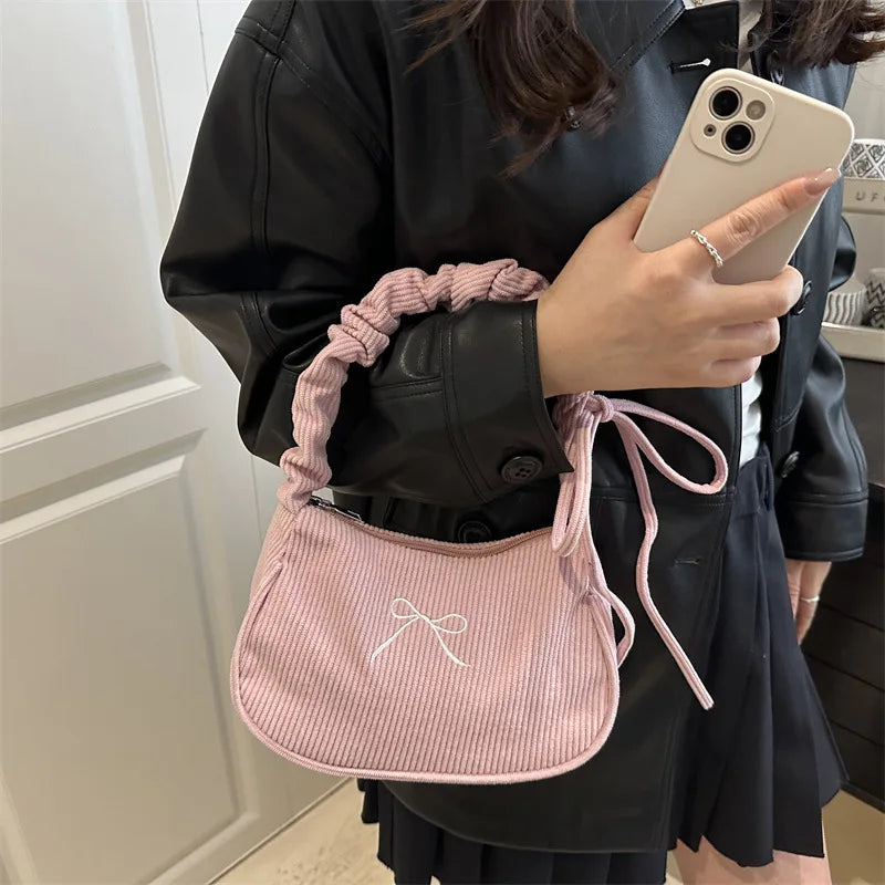 Corduroy Bow Shoulder Bag with Ruched Drawstring Handle