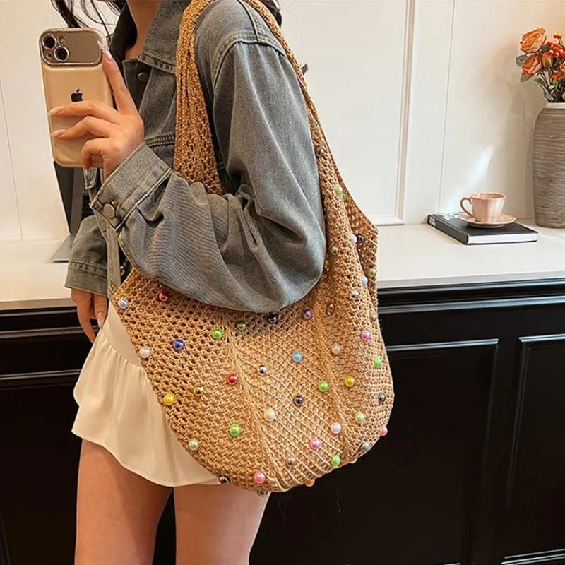 Summer Commuting Woven Bag Women Single Armpit Large Capacity Tote Bag Beach Pearl Hollow Handbag