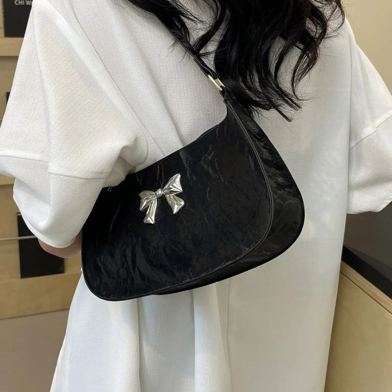 Bow Shoulder Bag – Women's Trendy Underarm Handbag with Metal Bow