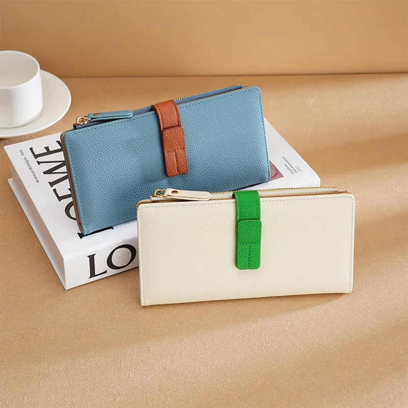 Purse Long Women S Drawband Color Contrast Money Clip Mobile Phone Storage Hold Stylish Zipper Card