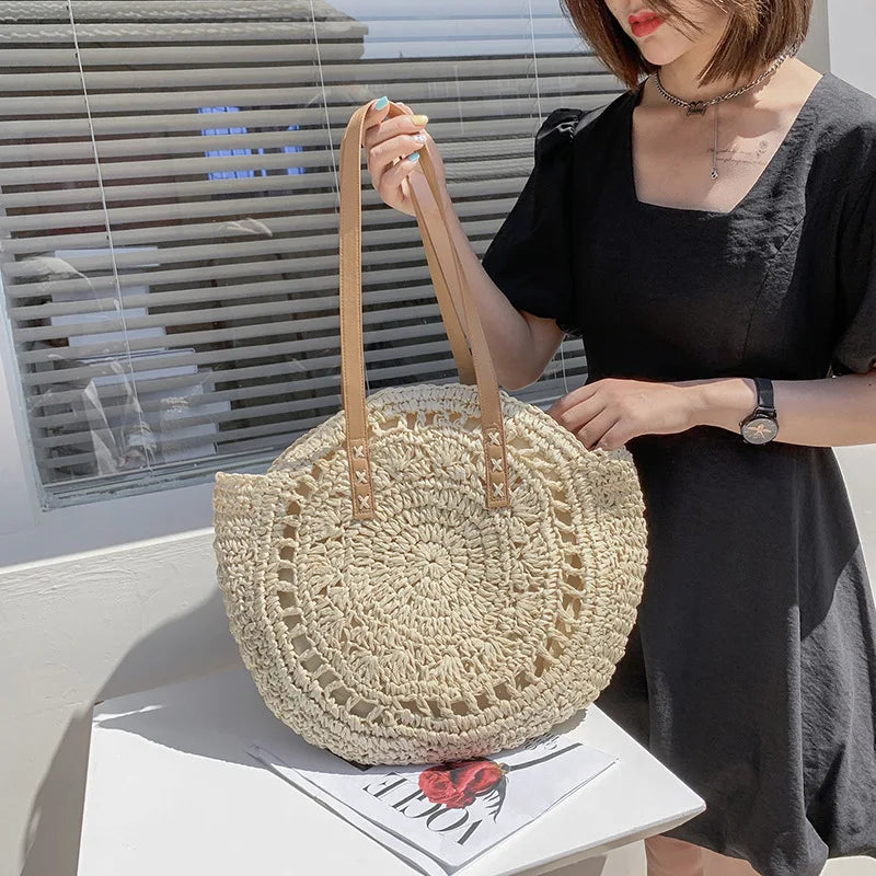 Round Straw Bag Women Handmade Crochet Beach Shoulder Tote
