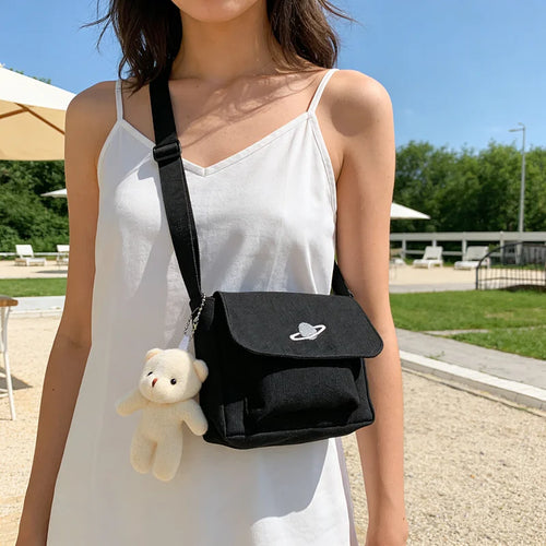 Canvas Crossbody Bag with Embroidery & Pendant - Minimalist Shoulder Handbag