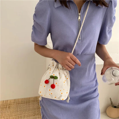 Cherry Drawstring Bucket Bag – Cute Print Crossbody