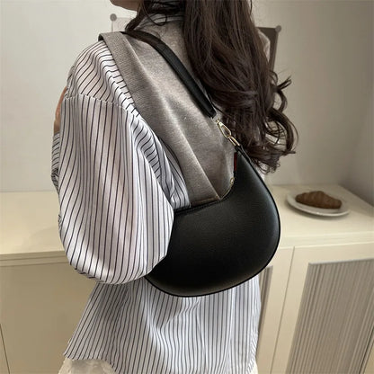 Minimalist Brown Crescent Underarm Bag Soft Leather Shoulder Purse Detachable Strapfor Woman Daily