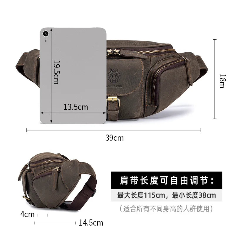 Head Layer Cowhide Chest Bag Retro Multi-Function Motorcycle Satchel Leather Leisure Large Capacity