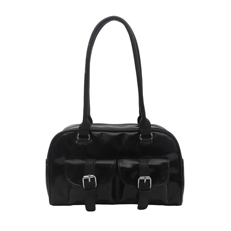 Patent Leather Tote Bag for Women – Retro Buckle Shoulder Handbag