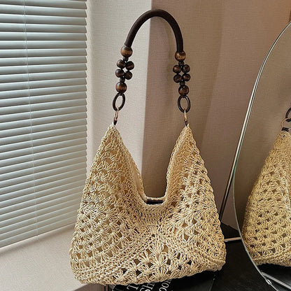 Crochet Woven Tote Bag – Wooden Bead Handle & Large Capacity