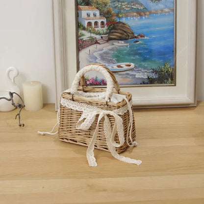 Handwoven Rattan Women Tote Bag Lace Ribbon Mini Wicker Basket Handbag Summer Beach