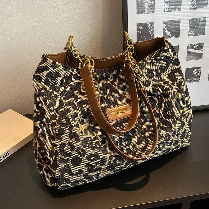 Leopard Print Tote Bag for Women – Large Capacity Retro Shoulder Bag