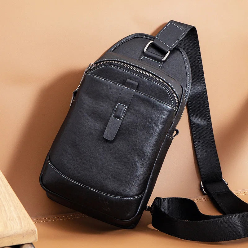 Men S Genuine Leather Simple High-End Chest Bag Multiple Compartments Large Capacity Travel