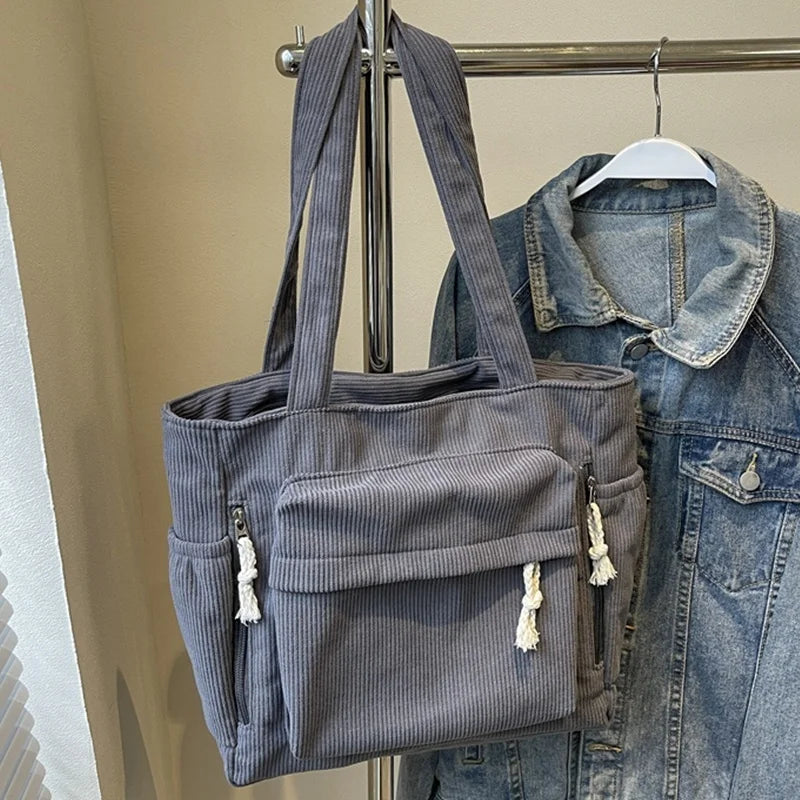 Corduroy Tote Bag with Multi Pockets & Tassel Zippers