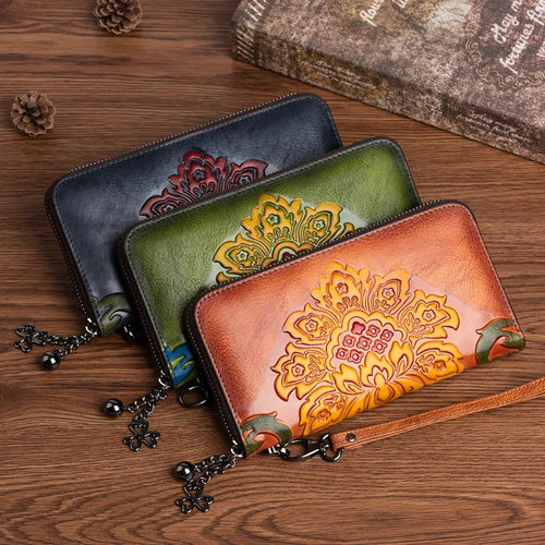 Women S Top Layer Vegetable-Tanned Cowhide Color-Polished Long Retro Wallet