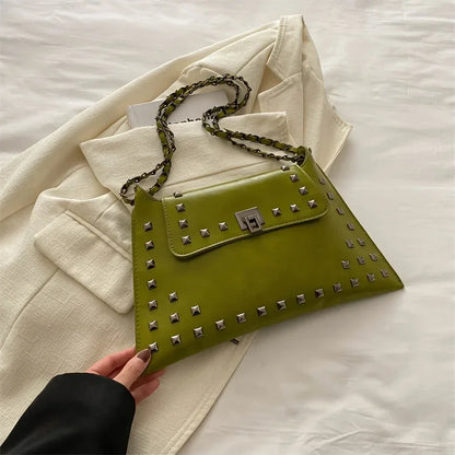 Rivet Crossbody Bag – Vintage Faux Leather Chain Shoulder Purse