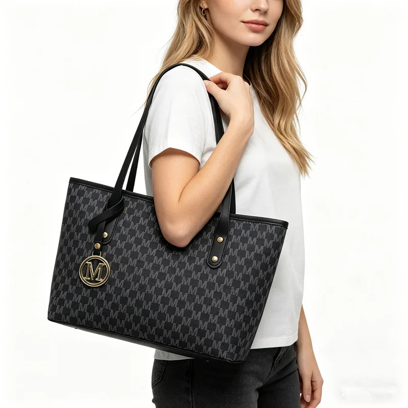 Chic Monogram Pu Tote Bag Gold M Pendant Spacious Stylish Handbag Shoulder Bags Women Everyday Use