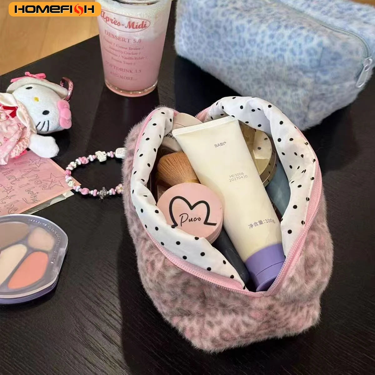 Homefish Durable Fuzzy Makeup Bag Large Capacity Leopard Print Toiletry Organizer Portable Cosmetic