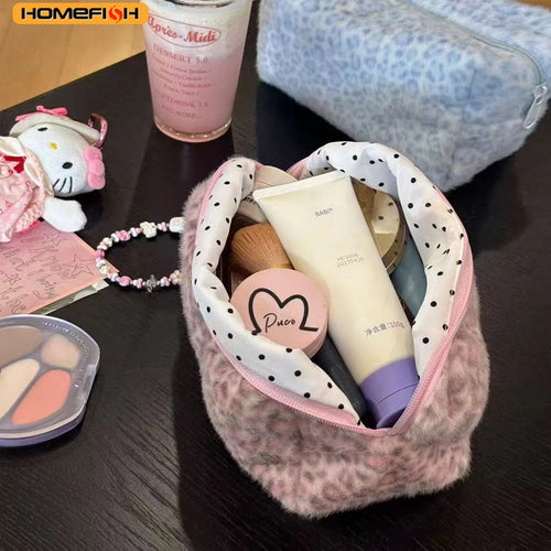 Homefish Durable Fuzzy Makeup Bag Large Capacity Leopard Print Toiletry Organizer Portable Cosmetic