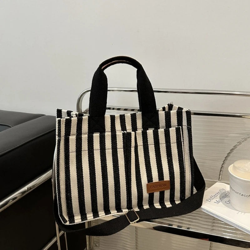 Striped Canvas Tote Bag – Lightweight Shoulder Bag for Work & Daily Use