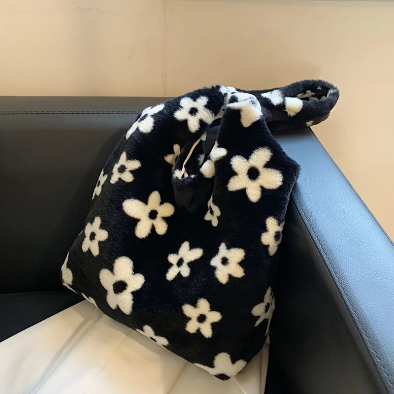 Chic Floral Faux Fur Tote Bag - Soft Plush Shoulder Handbag Women - Soft