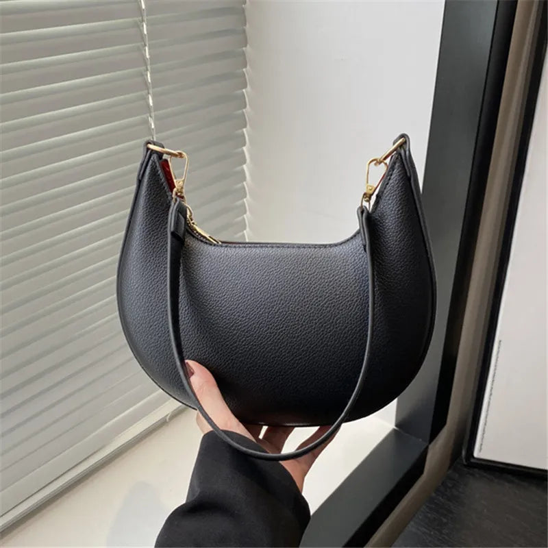 Vintage Tote Bag – Retro Half Moon PU Leather Shoulder Handbag with Detachable Strap