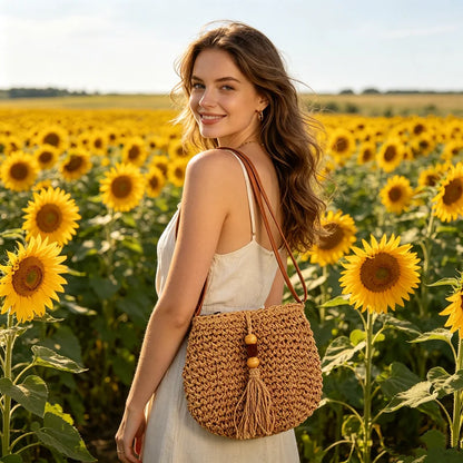 Straw Crossbody Bag with Tassel & Adjustable Leather Strap