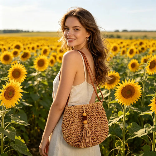 Straw Crossbody Bag with Tassel & Adjustable Leather Strap