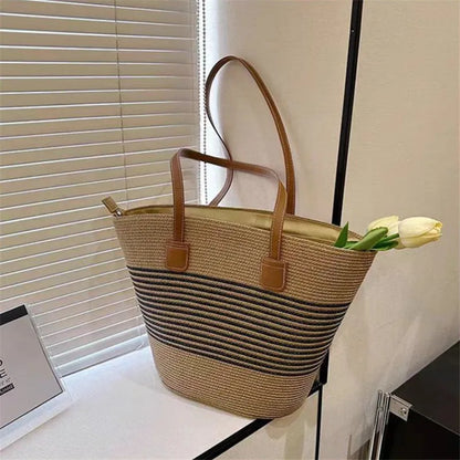 Summer Beach Casual Handbag Shoulder Bag Women Striped Straw Tote Bags Leather Handles
