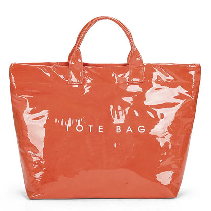 Waterproof Glossy Tote Bag with Letter Print & Double Handles