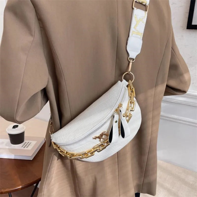 Crocodile Pattern PU Leather Crossbody Bag with Gold Chain Strap
