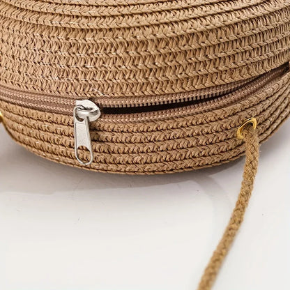Round Woven Straw Crossbody Bag for Women