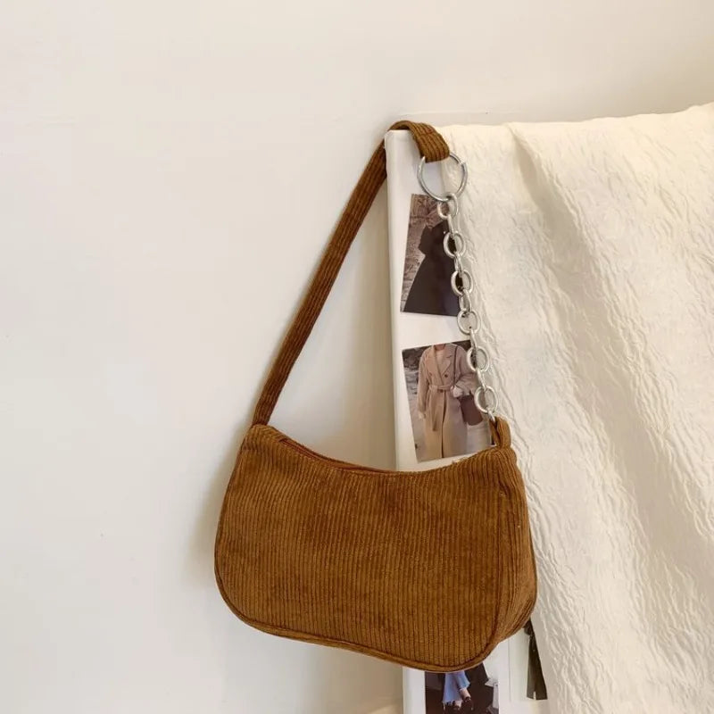 Minimalist Corduroy Versatile Bag Chain Accent Underarm Bag Zipper Closure Casual Shoulder Purse