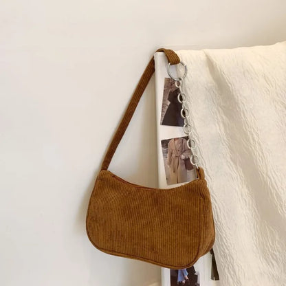 Minimalist Corduroy Versatile Bag Chain Accent Underarm Bag Zipper Closure Casual Shoulder Purse