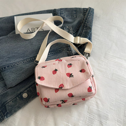 Strawberry Print Corduroy Crossbody Bag – Small Shoulder Purse