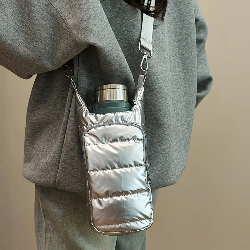 Water Bottle Carrier Crossbody Bag – Puffer Sling Holder with Pocket