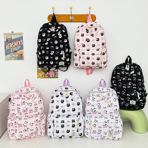 Fresh Age Reducing Cartoon Animal Bow Print Student Backpack Nylon Lightweight Large Capacity Casual