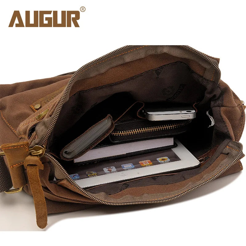 Men S Canvas Leather Patchwork Crossbody Single-Shoulder Bag
