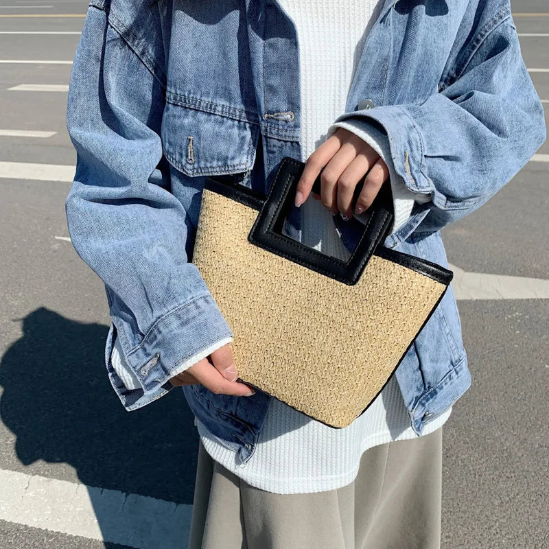 Straw Woven Mini Tote Bag – Square Handle Women's Holiday Handbag